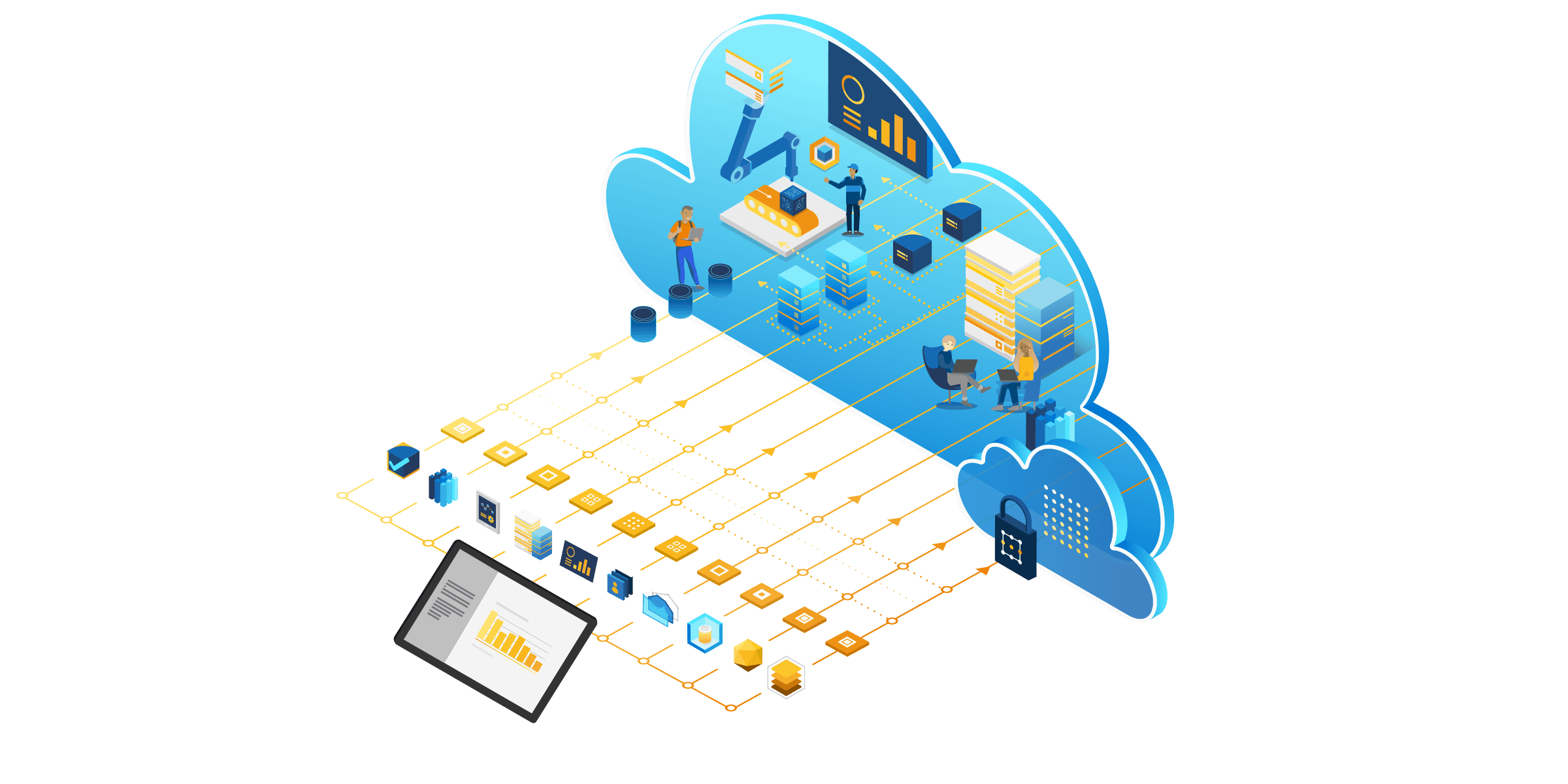 An isometric illustration of technical components for field service services.